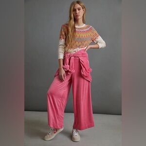 VeLVeT Velour Saturday Sunday Anthropologie Jaya Pink Lounge Wide Leg Smocked